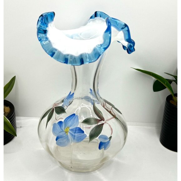 Fenton Blue Floral • Opalescent Rib Base Ruffled Aqua Crest Vase Signed - Picture 8 of 9